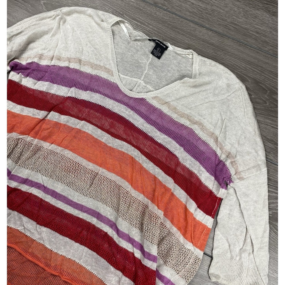 DKNY Womens Semi Sheer VNeck Linen Striped Cover Up Sweater Multicolor‎ Sz L New